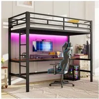 Flieks Hochbett Metallbett 90x200cm mit Leiter, Schreibtisch mit Aufladenfunktion
