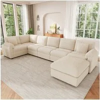 Merax Ecksofa XXL U-/L-Form Modulsofa 7-Sitzer Sofa mit Hocker, 274,5 x 210,5 x 85,5 cm 1 Teile, Cord Ecksofa Wohnlandschaft mit Kissen, flexibel kombinierbar Couch