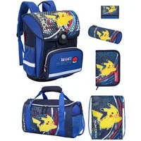 Familando Schulranzen Pokemon Blau mit Pikachu für 1. bis 4. Klasse, Ergonomisch & Leicht (Set, 6-tlg., Grundset mit großer Sporttasche), mit großer Sporttasche
