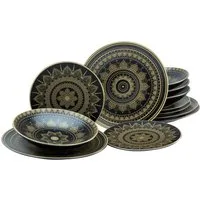 CreaTable Teller-Set Mandala Gold (12-tlg), 4 Personen, Steinzeug, Teller Set, goldene orientalische Motive, 12 Teile, für 4 Personen