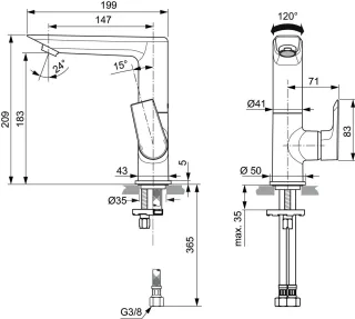 Ideal Standard WT-Armatur TESI, 5 l/min.,o.Ablgarn., m.hohem schwenkb.Ausl.,Ausld.147mm,Chrom, A6755 A6755AA