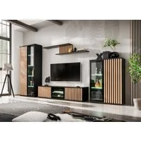 ASM-Moebel Wohnwand CAMERON ZHJ SET mit Lamellen Led Beleuchtung und Push - Click System, Mit Led Beleuchtung, mit Lamellen und Push-Click System