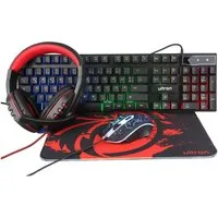 Ultron HAWK 4in1 Gaming Set Tastatur-, Maus- und Mauspad-Set, (Gaming 4in1 Set, Tastatur + Maus + Mauspad + Headset), Gaming Tastatur, Gaming Maus, 3200 dpi, USB, beleuchtet, LED Beleuchtung, XXL Gaming Mauspad / Mausmatte, Gaming Headset, Klinke, Ka