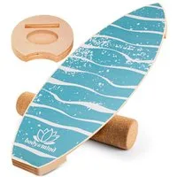 Body & Mind Balanceboard Surf Balance Board – Holz Wackelbrett mit Korkrolle + Ständer & E‑Book, Trainiert Gleichgewicht & Koordination