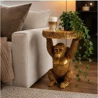 Online-Fuchs Beistelltisch goldener Affe mit runder Baumscheibe in Holz Optik - ideal für Sofa (53 cm groß, Outdoor geeignet), als Sofatisch, Nachttisch oder auch Gartentisch einsetzbar