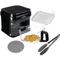 KeMar Kitchenware Heißluftfritteuse, 1200,00 W, Glasbehälter, Edelstahleinsatz, ohne Beschichtung, Zange, Silkonmatte