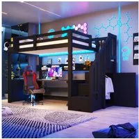 Odikalo Hochbett Jugendbett Einzelbett mit Leitplanke Stauraumschränken LED (90×200cm Bettgestell Treppe mit Stauraum Stabiles Holzgestell(ohne Matratze)