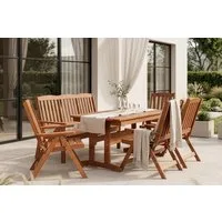 KONSIMO® Garten-Essgruppe ALCES Gartenmöbel-Set aus Massivholz, (4x Stuhl, 1x Tisch, 1x Sitzbank), handgefertigt, Kiefernholz, FSC-zertifiziert, hergestellt in der EU