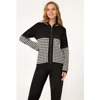 Passioni Kapuzenstrickjacke mit Hahnentrittmuster dekorativer Anhänger am Reißverschluss