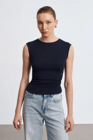Damen Ripp-Ärmelloses Rundhals-T-Shirt