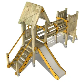 Professioneller Spielturm für öffentliche Spielplätze - Robuster Kletterturm mit Rutsche, Tunnelbrücke & Shop - 9x9 cm Pfostenstärke - Wickey