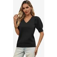 Imily Bela Stricktop Damen Halbarm Puffärmel V-Ausschnitt Top Stricken Sommer Casual (Packung, 1-tlg., 1per-Pack) gehäkelt in Unifarbe