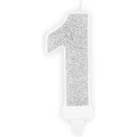 partydeco Geburtstagskerze, Geburtstagskerze Zahl 1 mit Glitzer 7cm silber
