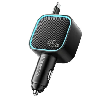 ESSAGER F779 45W 2-Port USB PD Car Charger Adapter with Integrated Type-C Retractable Cable+USB-A+USB-C PD3.0 QC3.0 Supp