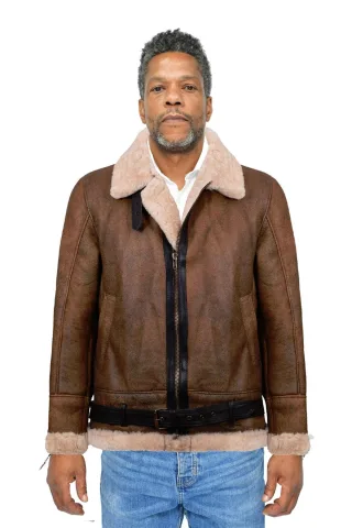 Herren Vintage Braune Schaffell-Fliegerjacke - KANSAS