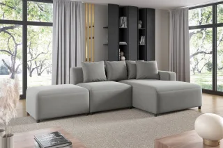Ecksofa Designersofa MEGAN XS inkl. Hocker Stoff Salvador Hellgrau Ottomane R...