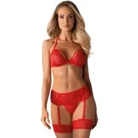 Obsessive Set: Bügelloser BH Dessous-Set: BH, String und Strumpfhalter - rot (3-tlg) transparent
