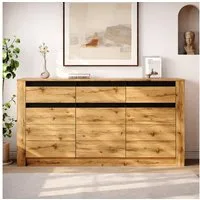 Merax Sideboard mit Wellenoptik, Anrichte in Naturholzfarbe (135×35×70cm, 1 St), Kommode mit 3 Schubladen, 3 Türen, 9 Fächern & Stauraum