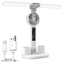 LIANNA LED Schreibtischlampe Schreibtischlampe 4 in 1 Dual Swing Arm LED Tischlampe, 1, LED fest integriert, Tageslichtweiß, mit Uhr und Ventilator für lange Stunden des Lesens, Studierens