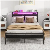 HOMERECOMMEND Metallbett mit Ladestation, LED Beleuchtung, USB-Ladefunktion, 90x200cm, Schwarz (1-tlg), Bettrahmen mit Ladestation, Kein Boxspring erforderlich