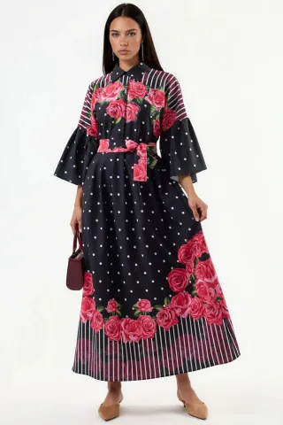 Blumen Maxi-Kleid mit Hemdkragen und Knopfverschluss