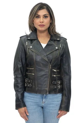 Damen Leder Vintage Brando Bikerjacke-Orlando