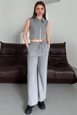 Ärmellose Reißverschluss-Weste & Weite Hose Zwei-Teile Set