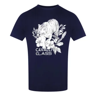 Cavalli Class - Marineblaues T-shirt Mit Tiger-blumenlogo