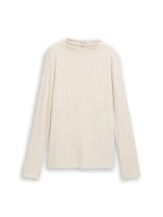Tom Tailor - T-Shirt mit breitem Rippen-Stehkragen beige - Gr. - L