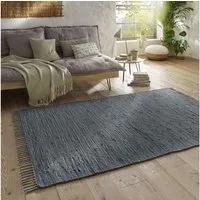 TaraCarpet Teppich Flickenteppich TaraCarpet Sylt mit Fransen, rechteckig, Höhe: 5 mm, Wohnzimmer Schlafzimmer Küchenteppich anthrazit 060x120