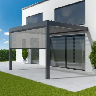 Pergola mit Seitenwand, Anbaupergola mit Zip-Screen vorne, Aluminium, Anthrazitgrau, 1000x1600 mm, individuell konfigurieren