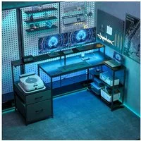 HOMCOM Gamingtisch mit LED & Steckdosen, Doppelmonitorständer, 2 Schublade, Ablagefächer (Computertisch, 1-St., Schreibtisch), für Büro, Arbeitszimmer, Schwarz