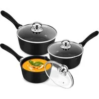 Eisenbach Kasserolle Stielkasserolle Ø 16/18/20 cm Induktions Töpfe Set mit Glasdeckel, Aluminium (3 tlg Kochtopf Set für alle Herdarten, 3-tlg., 1,3 L Milchtopf+1,9 L Soßentopf+2,3 L Stielkasserolle), induktionsgeeignet