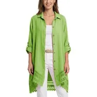 dy_mode Longbluse Damen Oversized Longbluse Musselin Tunika HemdbluseBlusenkleid in Unifarbe, dekorativem Häkel-Saum, Oversize-Passform