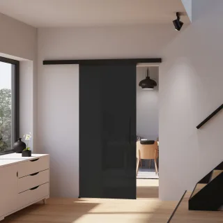 Glasschiebetür 900x2035mm Schwarz vollflächig satiniert Komplettset Stabgriff Softclose beidseitig