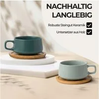 MiaMio Cappuccinotasse Luxe Evergreen Grün, 8-tlg., Keramik, 320 ml, mit Holzuntersetzern