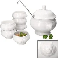 MamboCat Suppenschüssel 7tlg Set LEO Löwenkopf-Terrine mit & ohne Deckel 2L 0,25L weiß, Steingut
