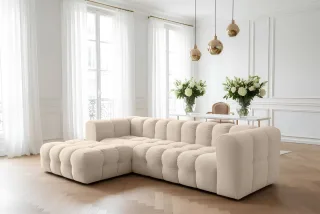 Ecksofa Designersofa SOLVIE in Stoff Tiffani Beige Ottomane Links