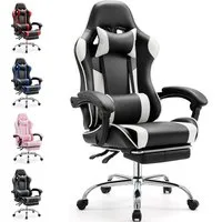 DUMOS Gaming-Stuhl Ergonomischer Bürostuhl mit Fußstütze, PU-Leder E-Sportstuhl, Gepolstert mit verstellbare Lendenkissen, Kopfkissen und Armlehnen