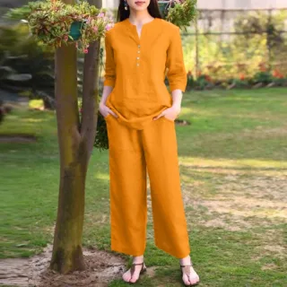 ZANZEA Women Vintage Daily Pockets Elastic Waist Solid Color Tops Trousers Solid Color Two-Piece Set