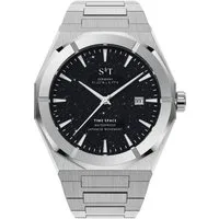 S&T Design Quarzuhr Armbanduhr Herrenuhr Frosted Iced Edelstahl Datum TIME SPACE, (inkl. Uhrenbox, Armbandkürzer), Japanisches Quarzwerk 40mm Leuchtzeiger Sternenhimmel Geschenkbox