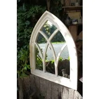 Antikas Wanddekoobjekt Spiegel, Spiegelfenster mit gothischem Holzrahmen​ in antik Weiß