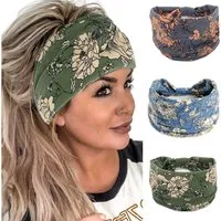 Zaewry Haargummi Stirnbänder Damen Frauen Breites Haarband Boho Blumendruck Knot, 3-tlg., Elastische Lauf Yoga Kopfwickel Haarbänder