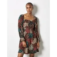 Apricot Minikleid Patchwork Kleid mit Blumen- und Zebramuster