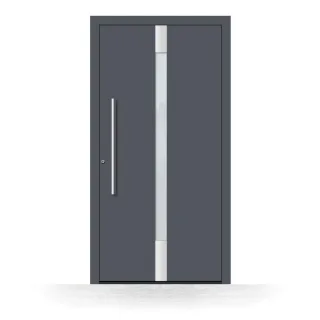 Moderne Haustür Anthrazit, Alu, RAL 7016, 60x190 cm, vertikaler Glaseinsatz mit Edelstahl-Applikation, Schüco-Profil, Modell Hannover