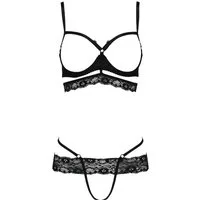 Passion Set: Bügel-BH Dessous-Set Saria schwarz offen BH + String Spitze (Set)