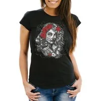 Neverless Print-Shirt Damen T-Shirt Day of Dead Rockabilly Skull Rock n Roll Slim Fit mit Print