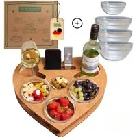 PEGSEN Servierplatte Couchbar Snackbox Herz mit 4 Snackschalen Sofa Tablett, Birkenholz, (lebensmittelechte Glasschalen), passend für Kaffeetassen, Weingläser & 0,5l Flaschen