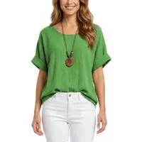 dy_mode Kurzarmbluse Damen Kurzarm Bluse Leichte Sommer Tunika Baumwollbluse Oberteil in Unifarbe, mit passende Kette