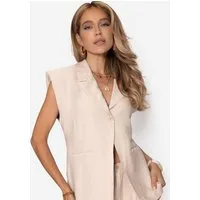 SASSYCLASSY Kurzweste Oversize Anzugweste für Damen Elegante Weste mit Schulterpolster und Leistentaschen Beige